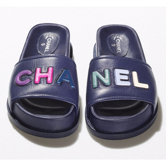 Chanel 22S Navy Blue Lambskin Multicolor CHANEL Letter Logo Flat Slide Sandal 37 - Picture 1 of 12